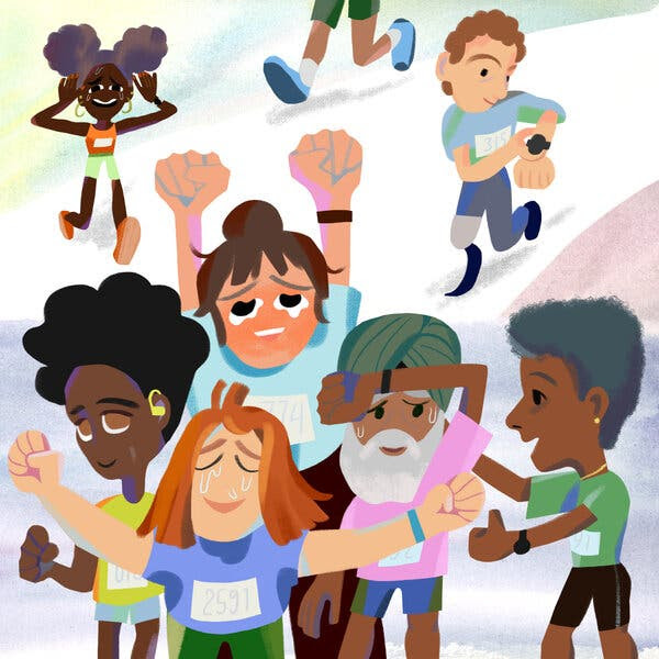 An illustration of a group of runners looking happy and relieved at the finish line of a marathon. One runner who uses a prosthetic leg checks their time on a watch. A group of runners in the front have their fists in the air and one wipes sweat from their face.