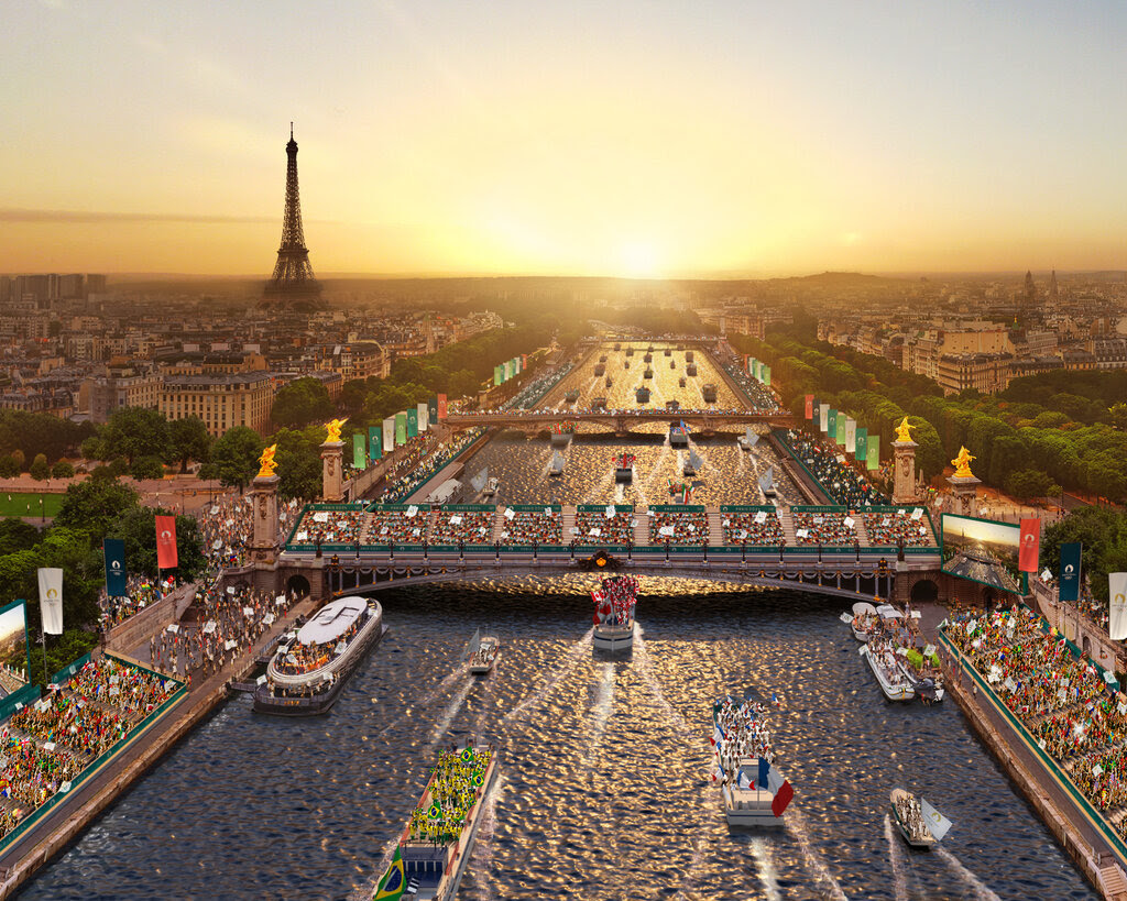 A rendering of boats on the Seine in Paris, with the Eiffel Tower in the distance.