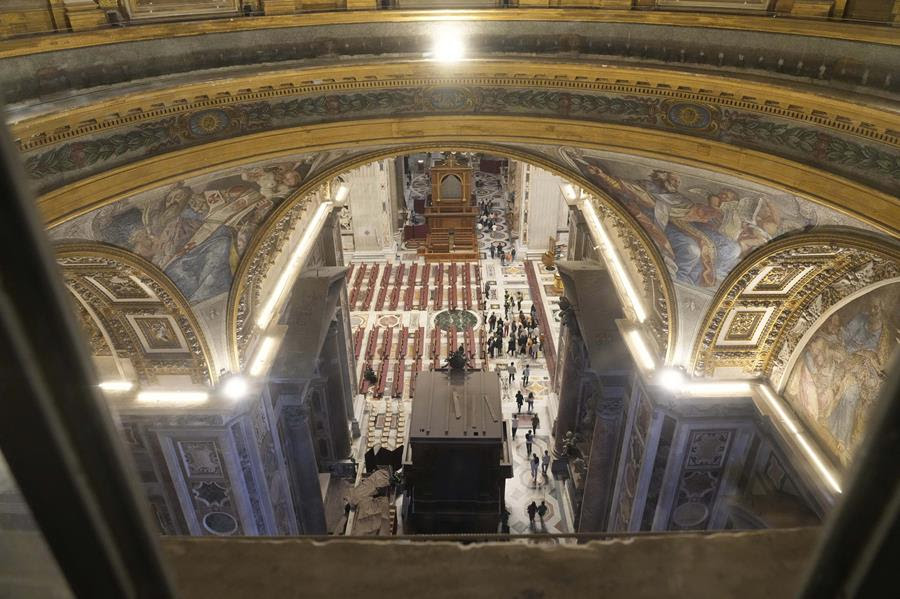 An overhead view of the interior of St. Peter's Basilica.