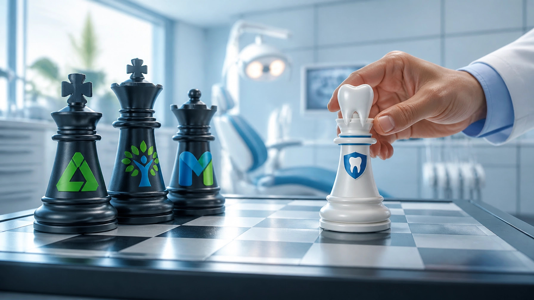 A professional hero image of a chess board in a bright dental office setting. On one side, three oversized powerful chess pieces representing Delta Dental, Cigna, and MetLife. On the other side, a single confident dental practice making a winning move, all in clean blue-and-white clinical tones with a subtle, modern professional feel. A professional hero image of a chess board in a bright dental office setting. On one side, three oversized powerful chess pieces representing Delta Dental, Cigna, and MetLife. On the other side, a single confident dental practice making a winning move, all in clean blue-and-white clinical tones with a subtle, modern professional feel.