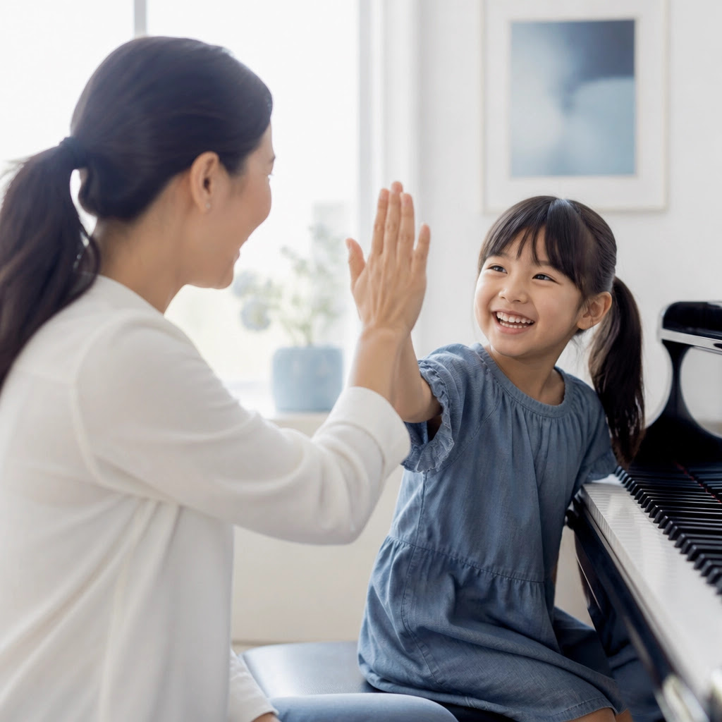 A child giving a high-five after a successful piano session, celebrating progress. A child giving a high-five after a successful piano session, celebrating progress.