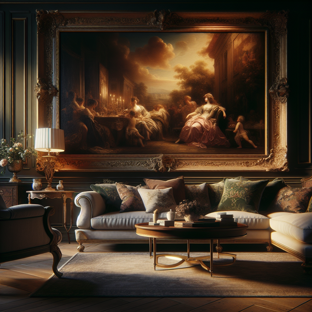 An atmospheric setting depicting a cozy living room. The scene is ornamented by a lavish oil painting hanging on the wall. The painting is enigmatic, capturing the viewer's eye with its intricate details, striking colors, and masterful execution. Note that there isn't any text or writing in the painting or the room. The room itself is tastefully decorated with comfortable furniture arranged in a way that invites conversation and relaxation. The room exudes warmth, with subtle lighting softening the edges of the room, creating a serene ambiance.