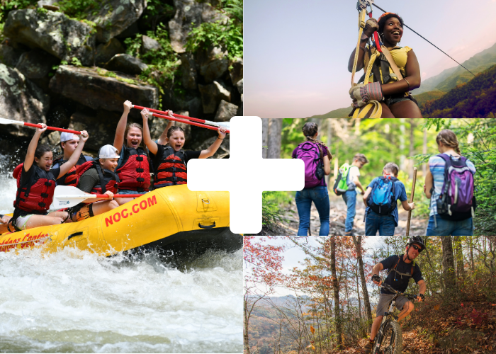 a collage of people in a raft, on a zipline, hiking and mountain biking