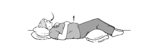 Schéma d'une personne allongée avec une main sur la poitrine et une sur le ventre, des flèches indiquant l'inspiration et l'expiration