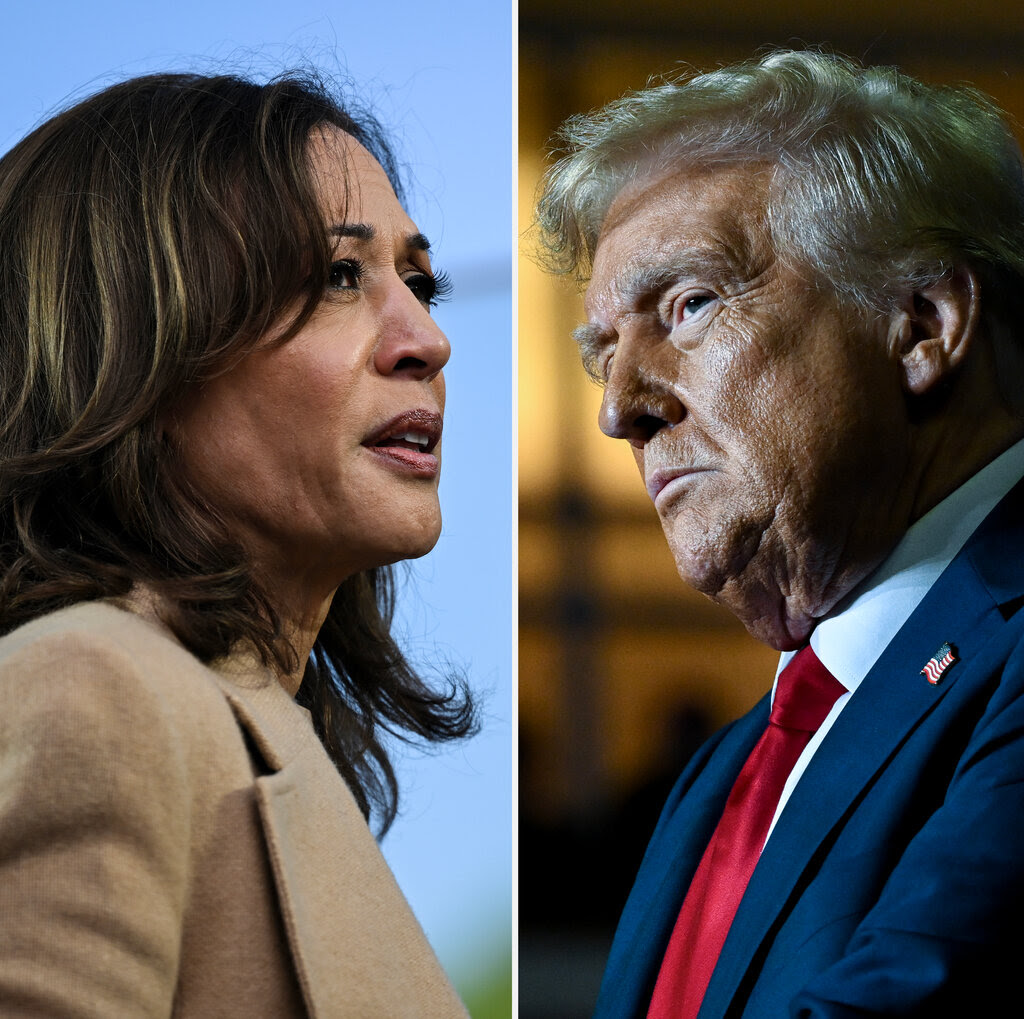 Side-by-side images of Kamala Harris in a tan coat, and Donald Trump in a blue suit.