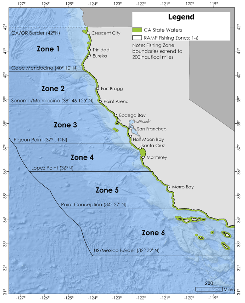 Fishing zone boundaries in California.