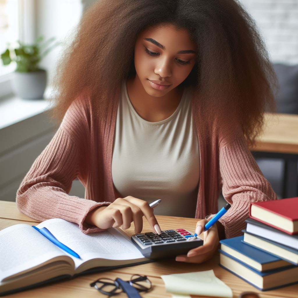 A student sitting at a desk, using a calculator and surrounded by textbooks, carefully planning her budget for study materials.