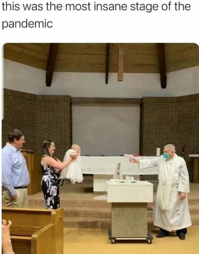 Idiotic picture of Covid baptism with squirt gun.