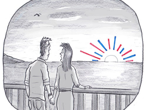 A man and a woman watch a sunset; the rays of the sun are blue and red and of varying lengths.