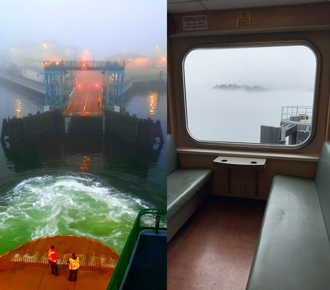 Ferry approaching dock on a foggy day on left and fog with trees popping above as seen through a window of a ferry on right