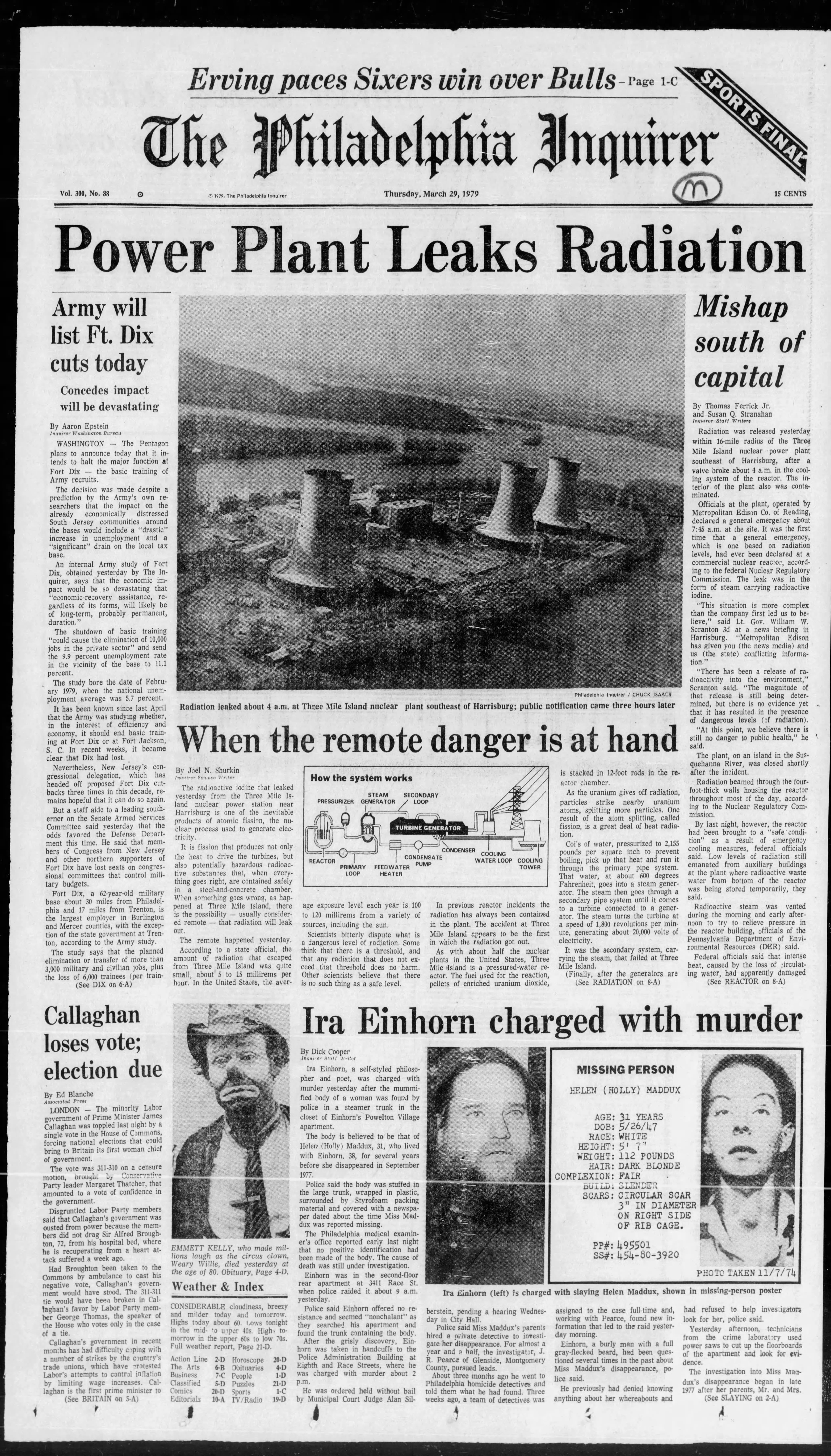 The front page of the Inquirer on March 29, 1979 featuring reports about the accident at Three Mile Island.