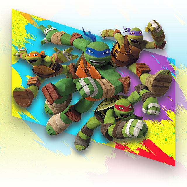 Mikey, Leo, Donny, and Raph as seen in Teenage Mutant Ninja Turtles Arcade: Wrath of the Mutants, charging forward on a colorful background.