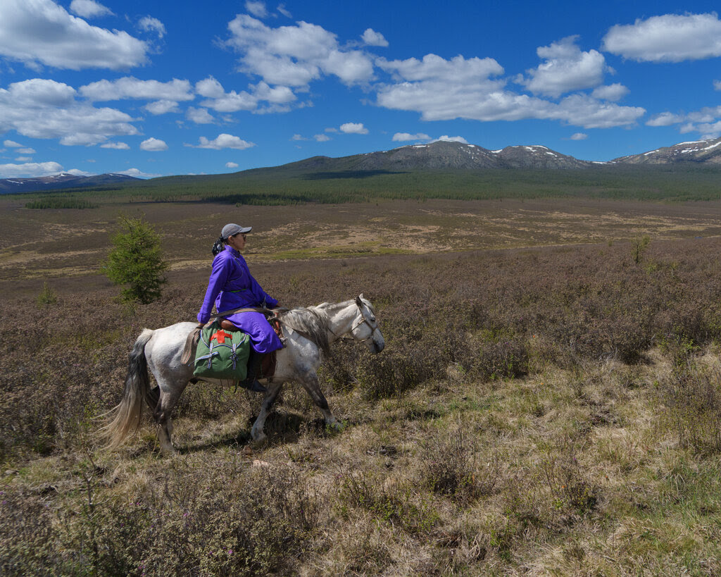 A woman rides a gray horse through a scrubby field, with mountains rising in the background.