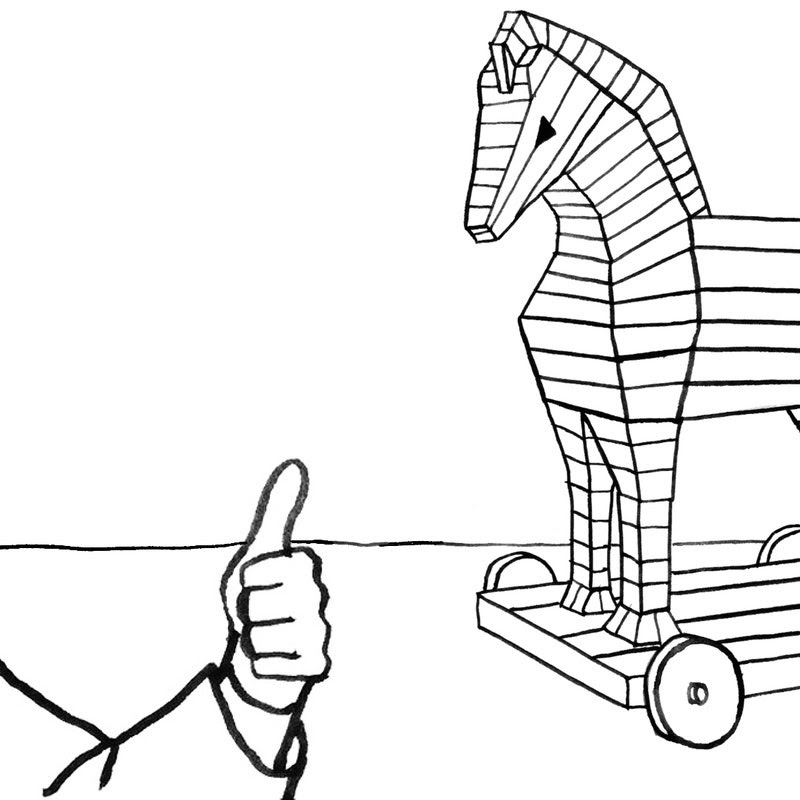 A bondsman giving the thumbs-up and a Trojan horse.