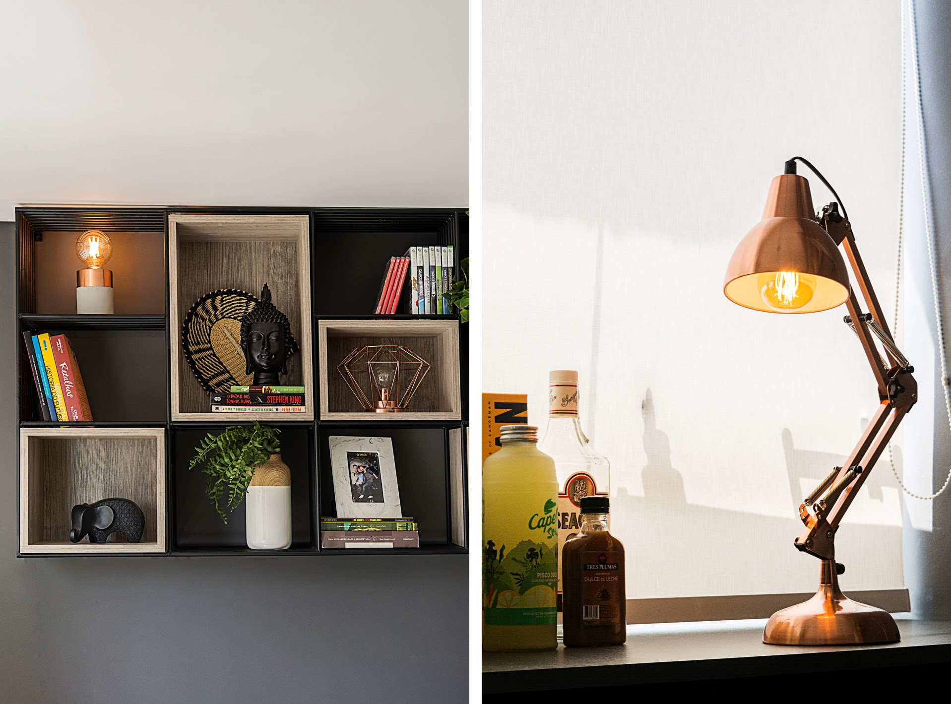 Na sala de estar, as lâmpadas dão o ar da graça em diferentes tipos de luminárias de mesa / Projeto de Andrade & Mello Arquitetura com foto de Emerson Rodrigues