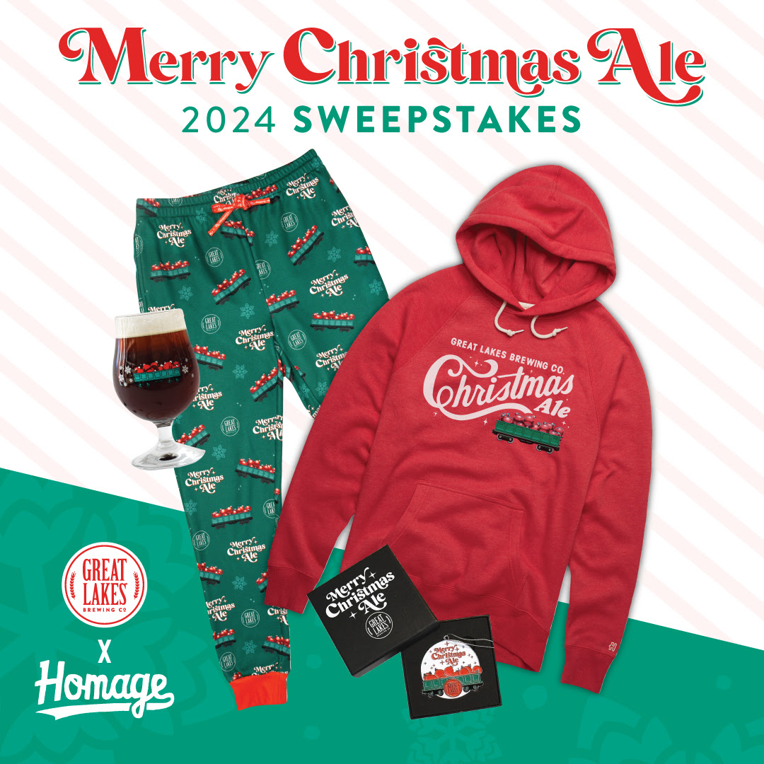 Christmas Ale hoodie, joggers, snifter, and ornament. Prize pack for the 2024 Merry Christmas Ale Sweepstakes.