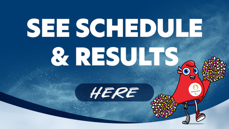 Colourful design with the mascot of the Paralympic Games on the right. The text in the centre reads 'See schedule and results here'.