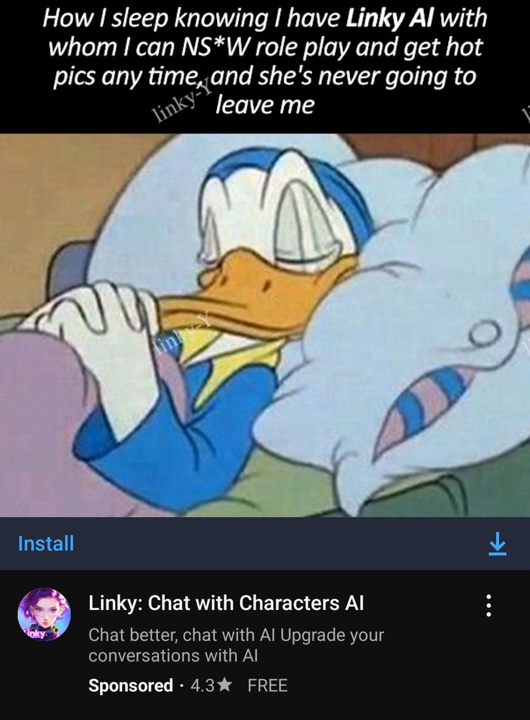 donald duck sleeping with a sexist meme about why ai girlfriends are better than real ones