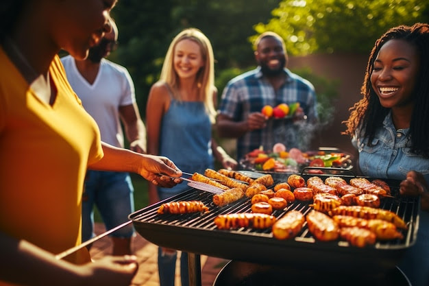 Woman taking s of food while having a barbecue with friends