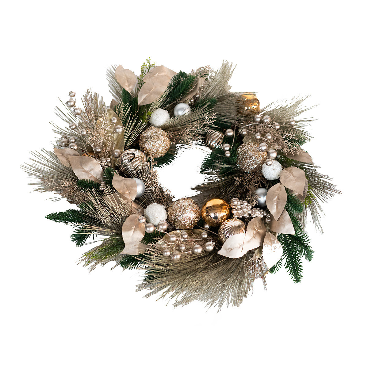 Image of Christmas Gold Champagne Baubles Leaves & Pine Wreath 