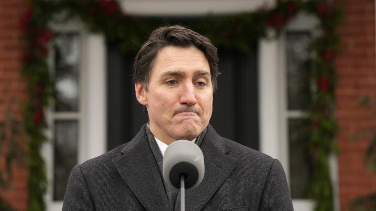 Canada Prime Minister Justin Trudeau makes an announcement outside Rideau Cottage in Ottawa on Monday, Jan. 6, 2025. (Adrian Wyld/The Canadian Press via AP)