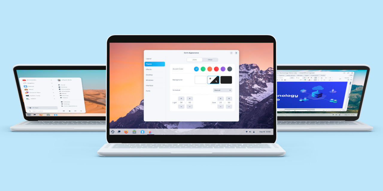 Three laptops running Zorin OS 17.2