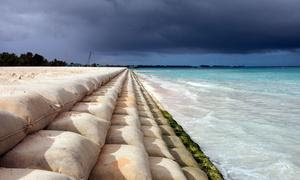 Sacos de arena alrededor del perímetro de "The Reclaimed Land", una zona construida en Tuvalu para proteger la tierra de la erosión del mar.