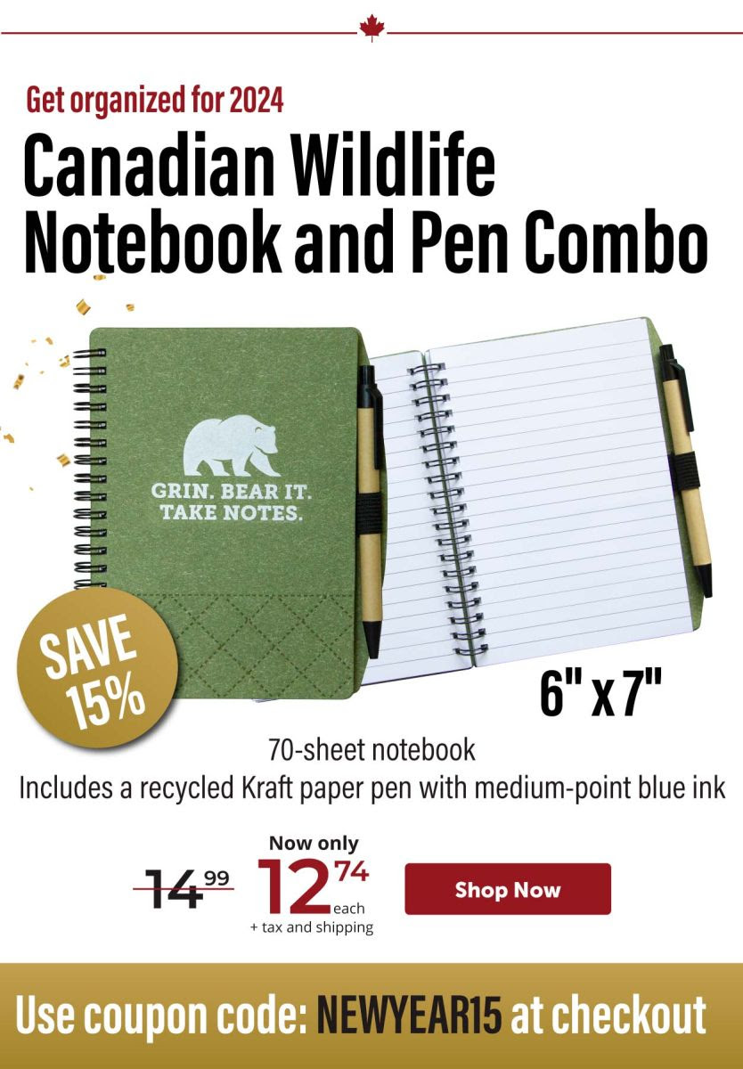 SAVE 15%! Get organized for 2024 Canadian Wildlife Notebook and Pen Combo