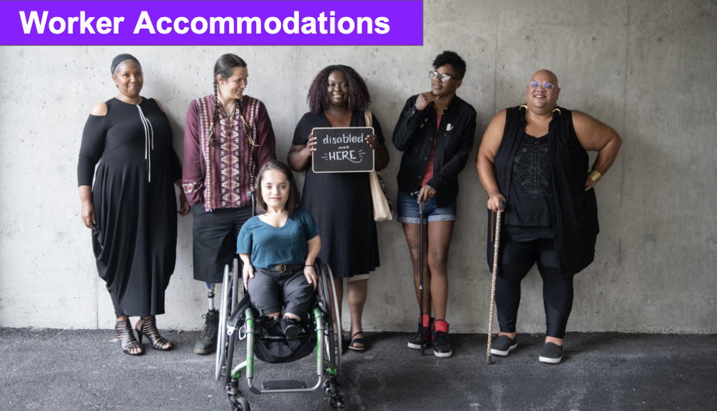 The image shows a diverse group of six individuals standing against a concrete wall, each representing different forms of disability. One person uses a wheelchair, while others use canes or hold signs, such as one reading 