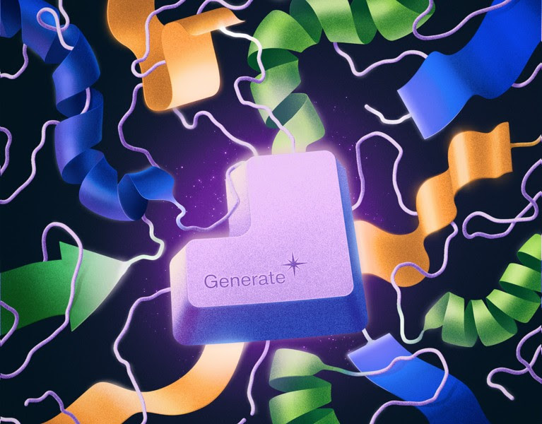 Illustration of a key from a keyboard with 'Generate' written on it and a tangle of proteins bursting from behind it.