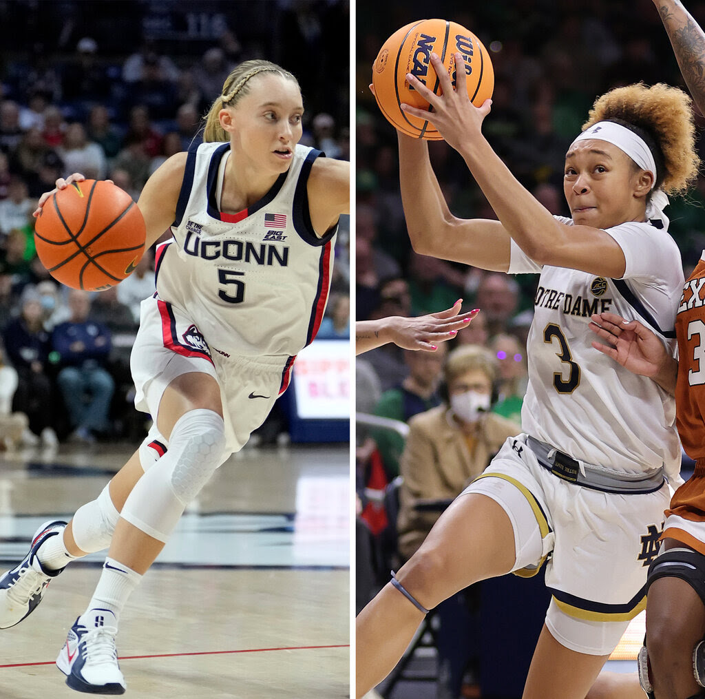 A split image shows two women in white jerseys holding basketballs mid-play.