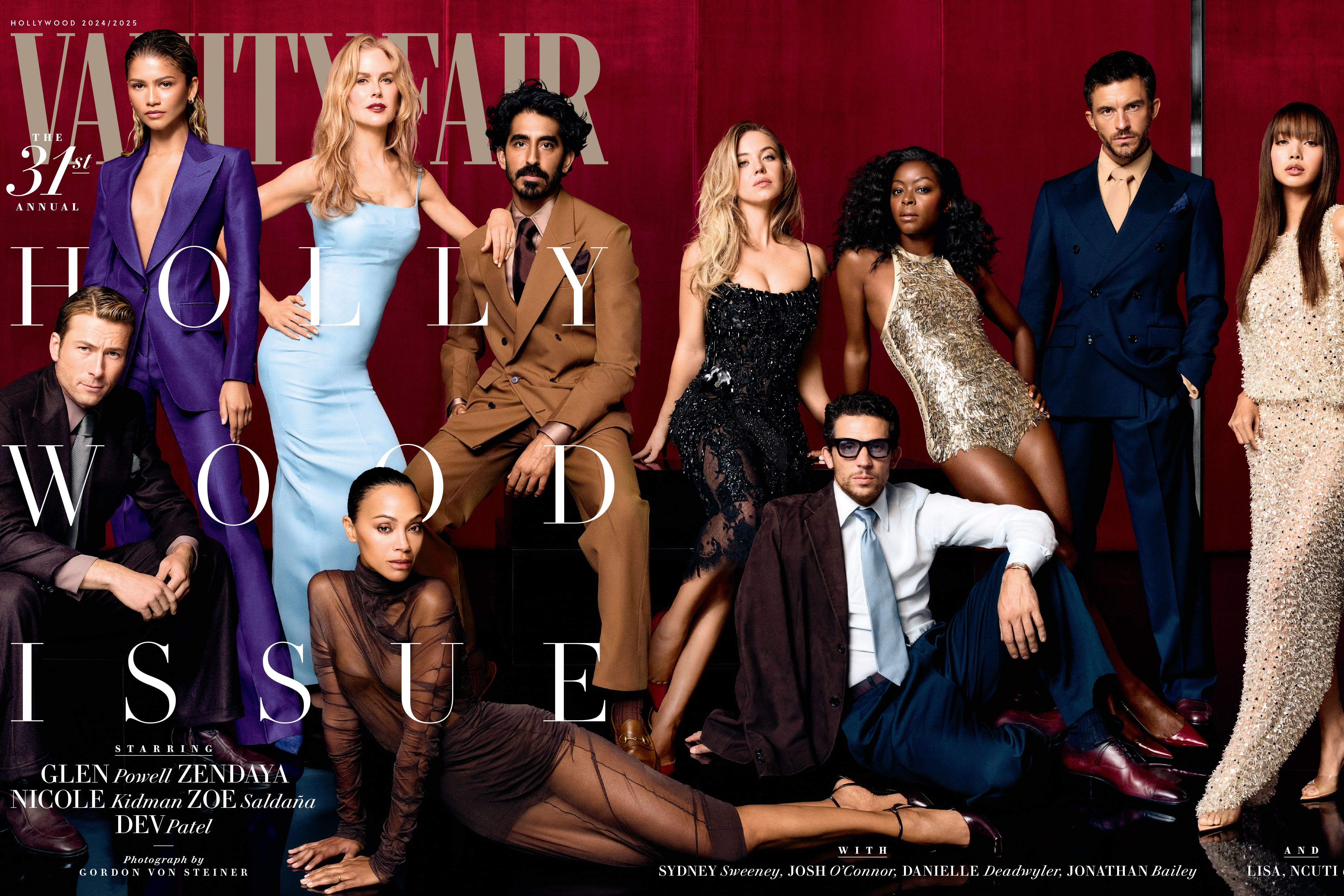 The stars of Vanity Fair’s 2025 Hollywood Issue cover, from left to right: Glen Powell, Zendaya, Nicole Kidman, Zoe Saldaña, Dev Patel, Sydney Sweeney, Josh O’Connor, Danielle Deadwyler, Jonathan Bailey, Lisa, Ncuti Gatwa, and Bill Skarsgård