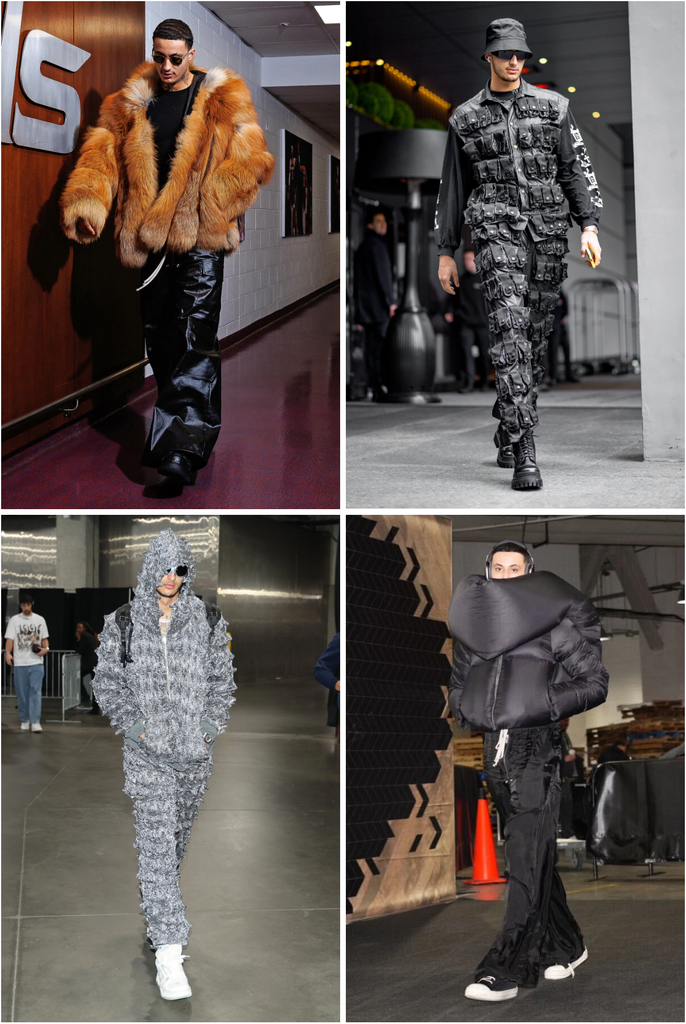 A grid of four photos, showing the NBA player Kyle Kuzma wearing various extravagant outfits.