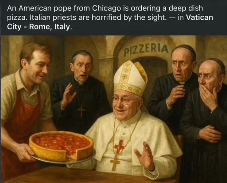 New Pope eating deep dish pizza in Italy.