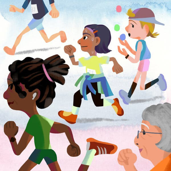 An illustration of five runners with different running styles. One runner runs barefoot, one juggles as they jog and another has tied extra layers around their waist. In the front, a nervous runner with AirPods runs next to an older participant with glasses.