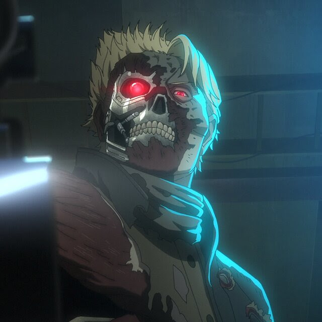 An animated still of a monster robot with red eyes pointing a gun