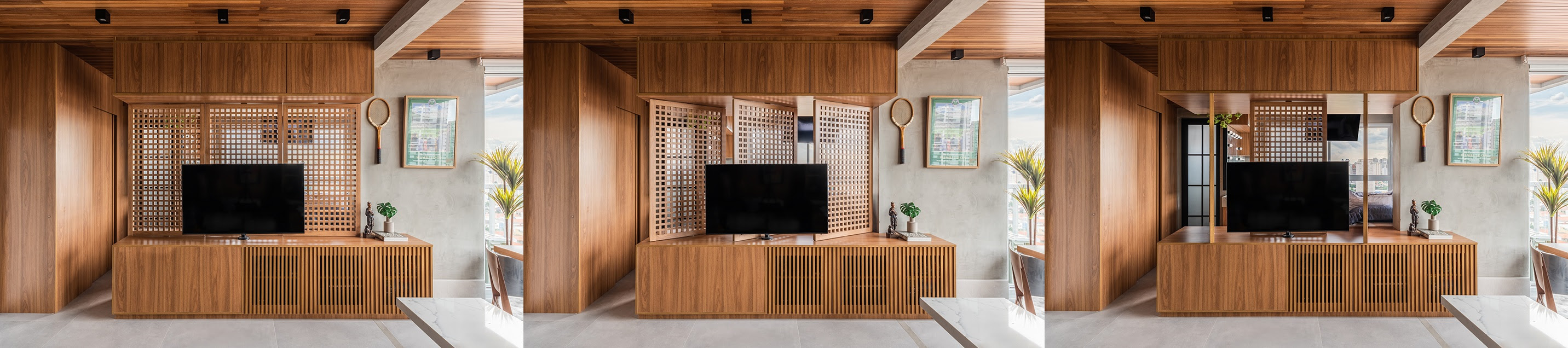 Neste apartamento assinado pelo arquiteto Pietro Terlizzi, parte da integração dos ambientes aconteceu através do rack. Com a TV apoiada no móvel, o que seria um painel simples ganhou o contorno de três folhas com o treliçado do muxarabi e que podem ser movimentados conforme o gosto do morador. A presença do elemento entregou a discrição necessária para o interior da suíte master | Projeto Pietro Terlizzzi Arquitetura | Foto: Guilherme Pucci 