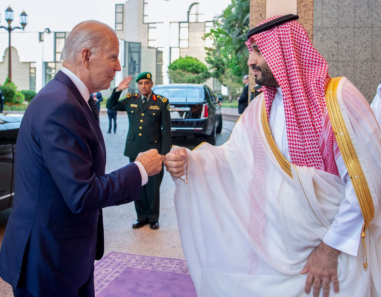 In this image released by the Saudi Royal Palace, Crown Prince Mohammed bin Salman greets President Biden at the royal palace in Jeddah, Saudi Arabia, in July 2022. (Bandar Aljaloud/Saudi Royal Palace/AP)