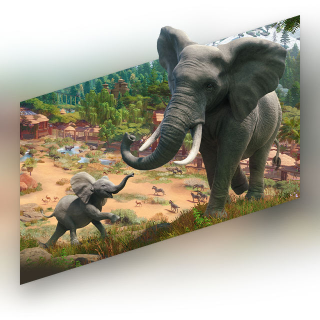 Key art for Planet Zoo depicting a small elephant walking towards a large elephant on a grassy hill above a valley filled with various animals.