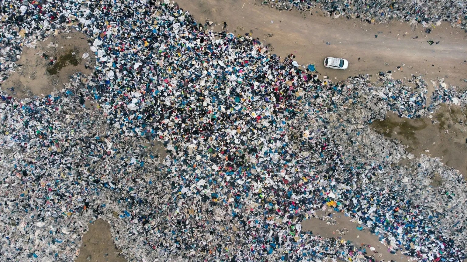 An aerial view of used clothes in the Atacama Desert