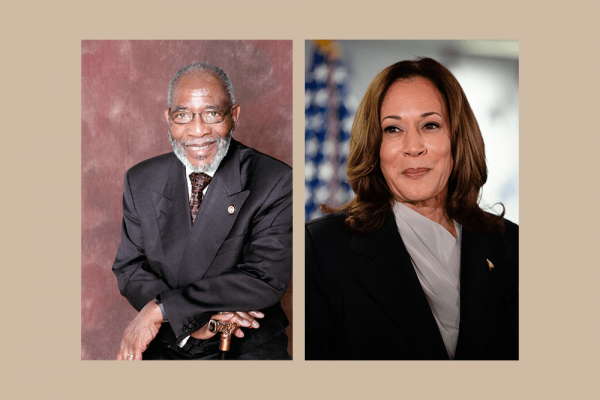 Two side by side photos of people against light brown background. The left photo shows a older Black man with a beard and glasses wearing a black suit. The right photo shows Kamala Harris, a middle aged Black and Indian woman wearing a suit jacket and blouse. 