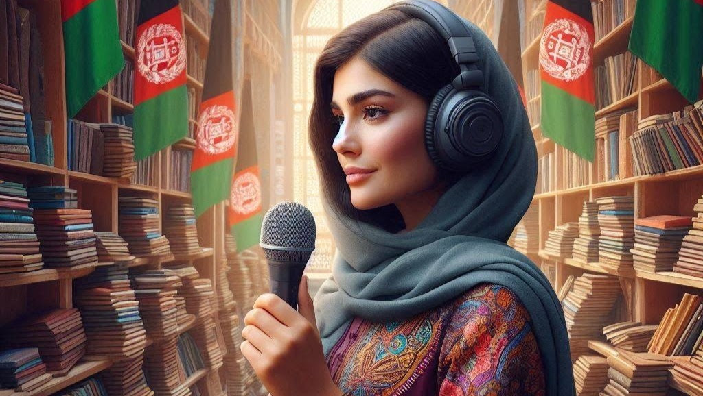 image of a young Afghan woman in a bookshop. She is wearing headphones and holding a microphone. image of a young Afghan woman in a bookshop. She is wearing headphones and holding a microphone.