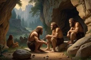 Artist's impression of Denisovan family near cave opening