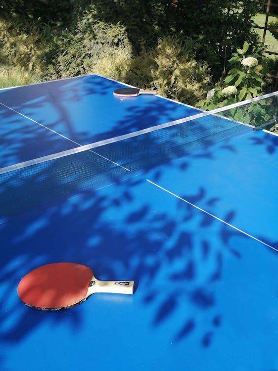 Free Table Tennis Rackets on a Blue Table Stock Photo