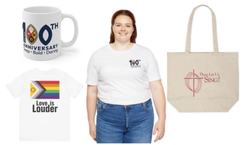 Centennial merchandise: Mug, T-shirt, Then Let Us Sing! Tote bag, Love is Louder T-shirt