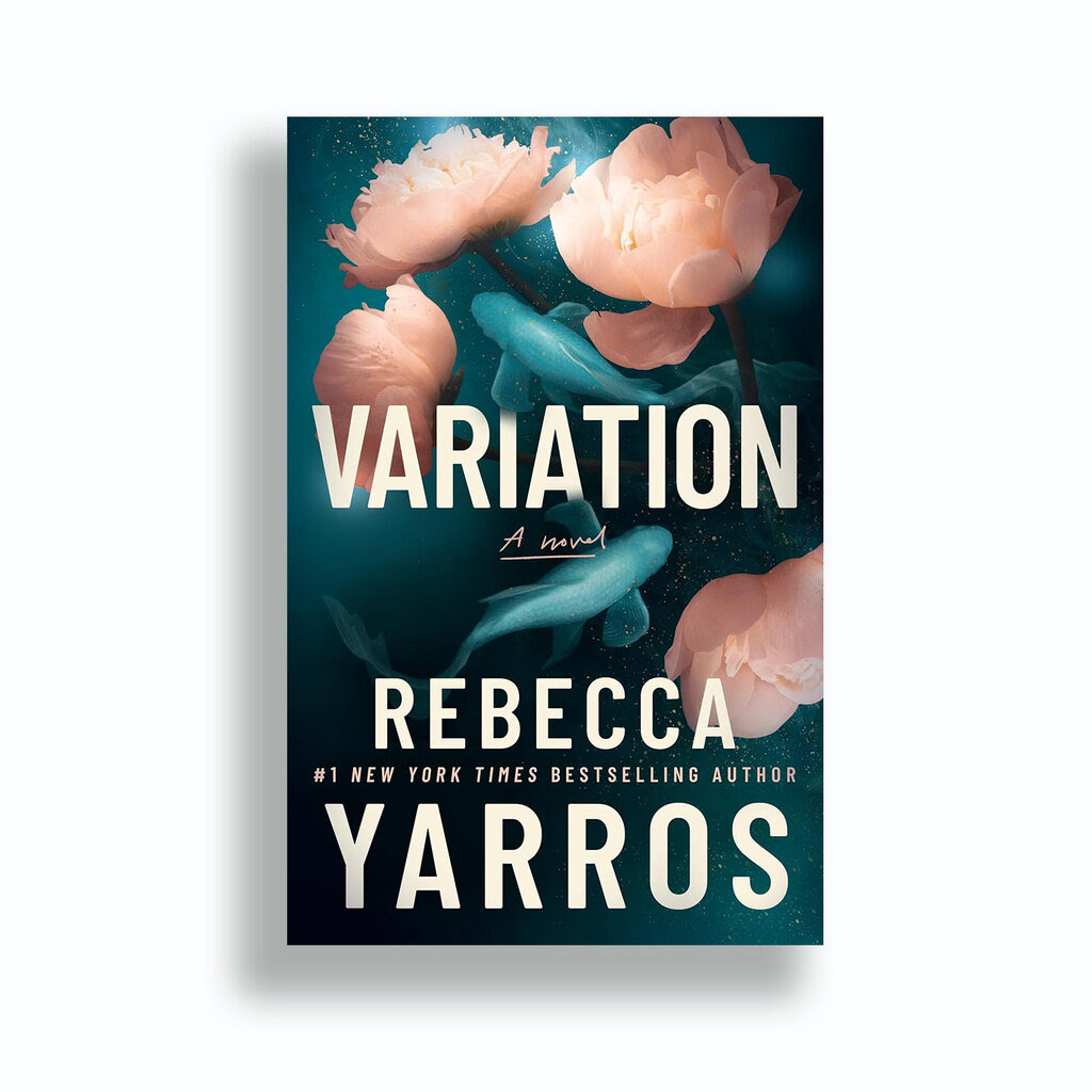 The cover of “Variation” is an illustration of two blue carp swimming through an underwater forest of large pink peonies.