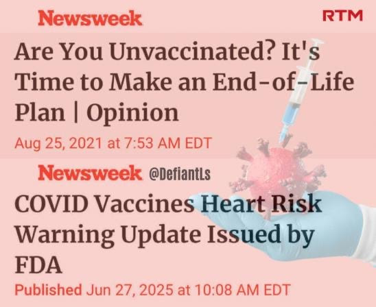Hypocrite Newsweek for telling people they are going to die without the vax, then theymay die because of the vax.