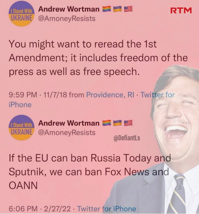 Hypocrite Andrew Wortman extols free press then asks to ban Fox News.