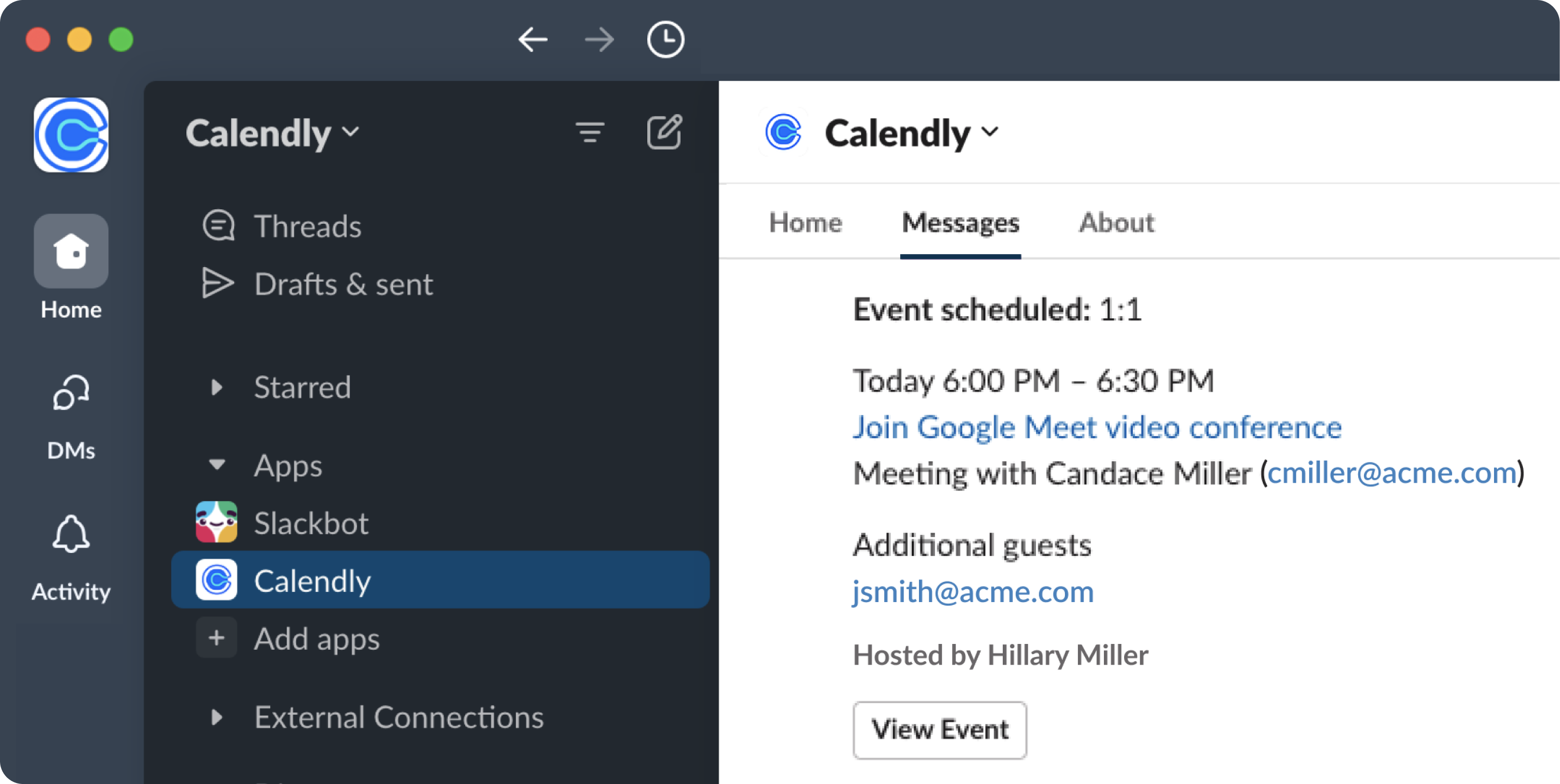 Screenshot of the Calendly + Slack integration.