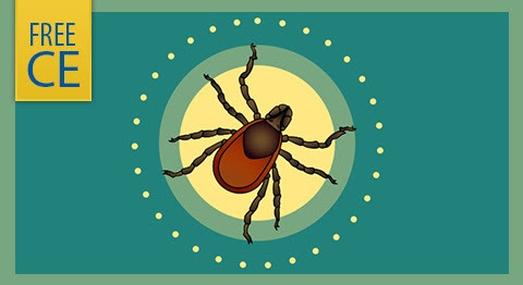 Green background with yellow gradient highlighting an illustrated tick that causes lyme disease. Yellow box at left highlights Free CE.